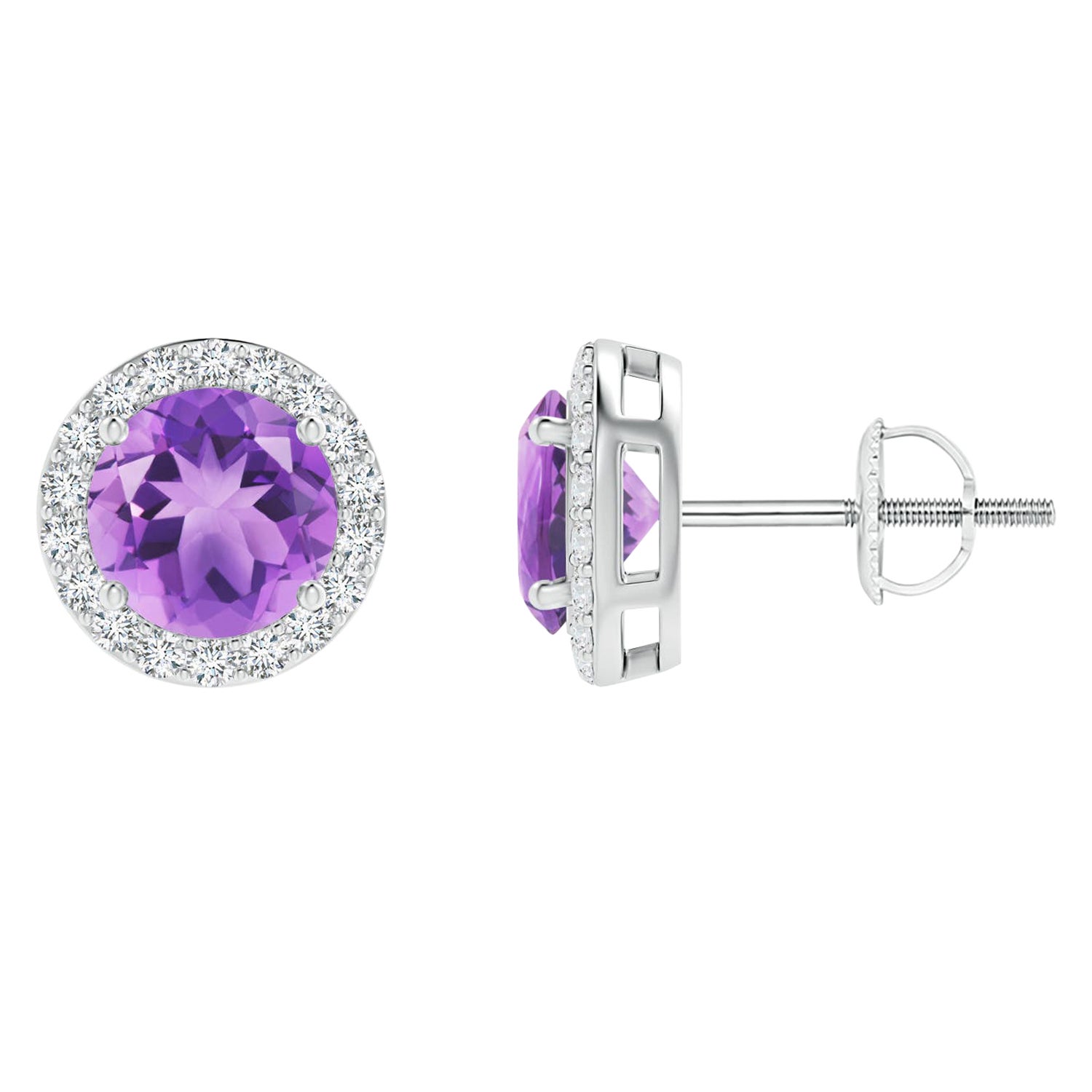 Natural Vintage Round 1.6ct Amethyst Halo Stud Earrings in 14K White Gold