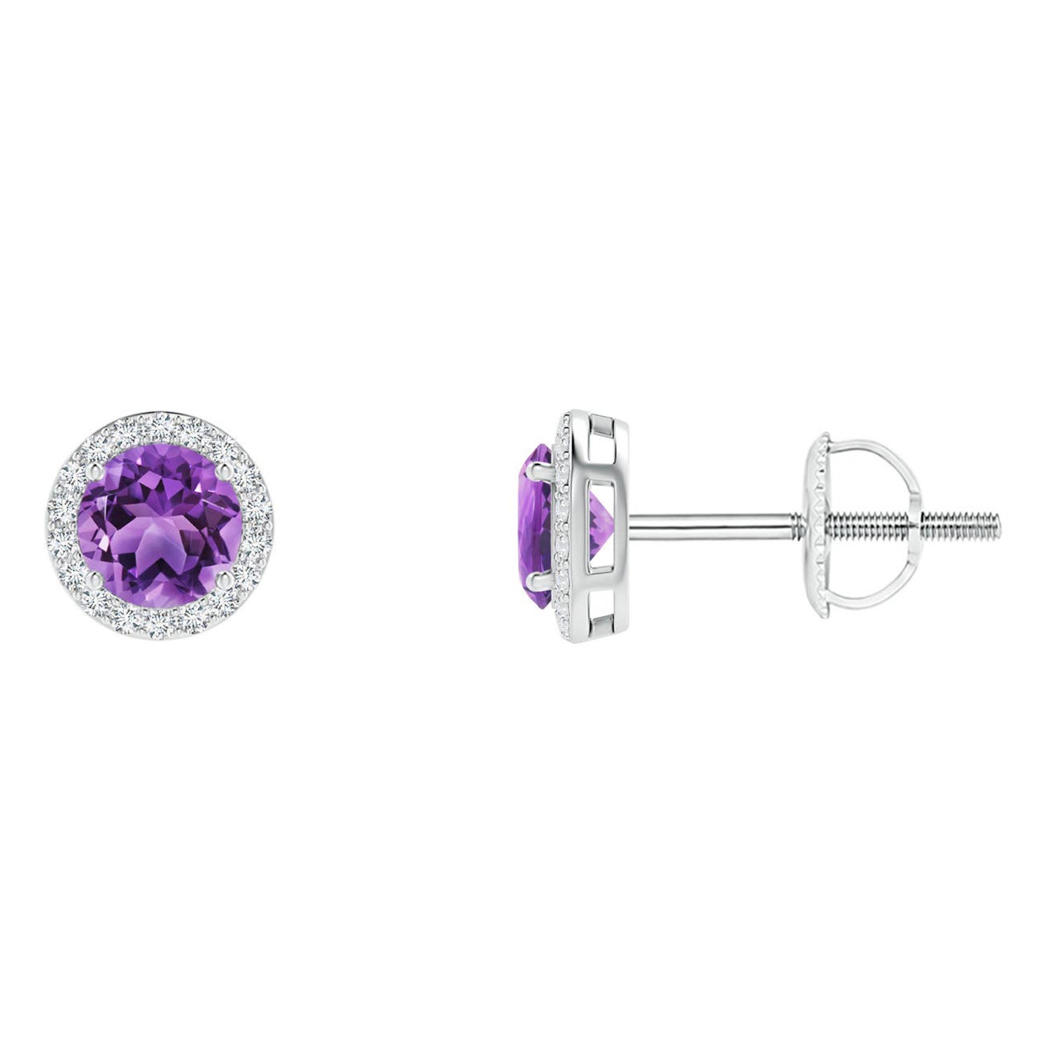 Pendientes de oro blanco de 14 quilates con aureola de amatista natural vintage redonda de 0,50 ct