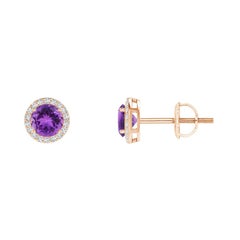 Natural Vintage Round 0.50ct Amethyst Halo Stud Earrings in 14K Rose Gold