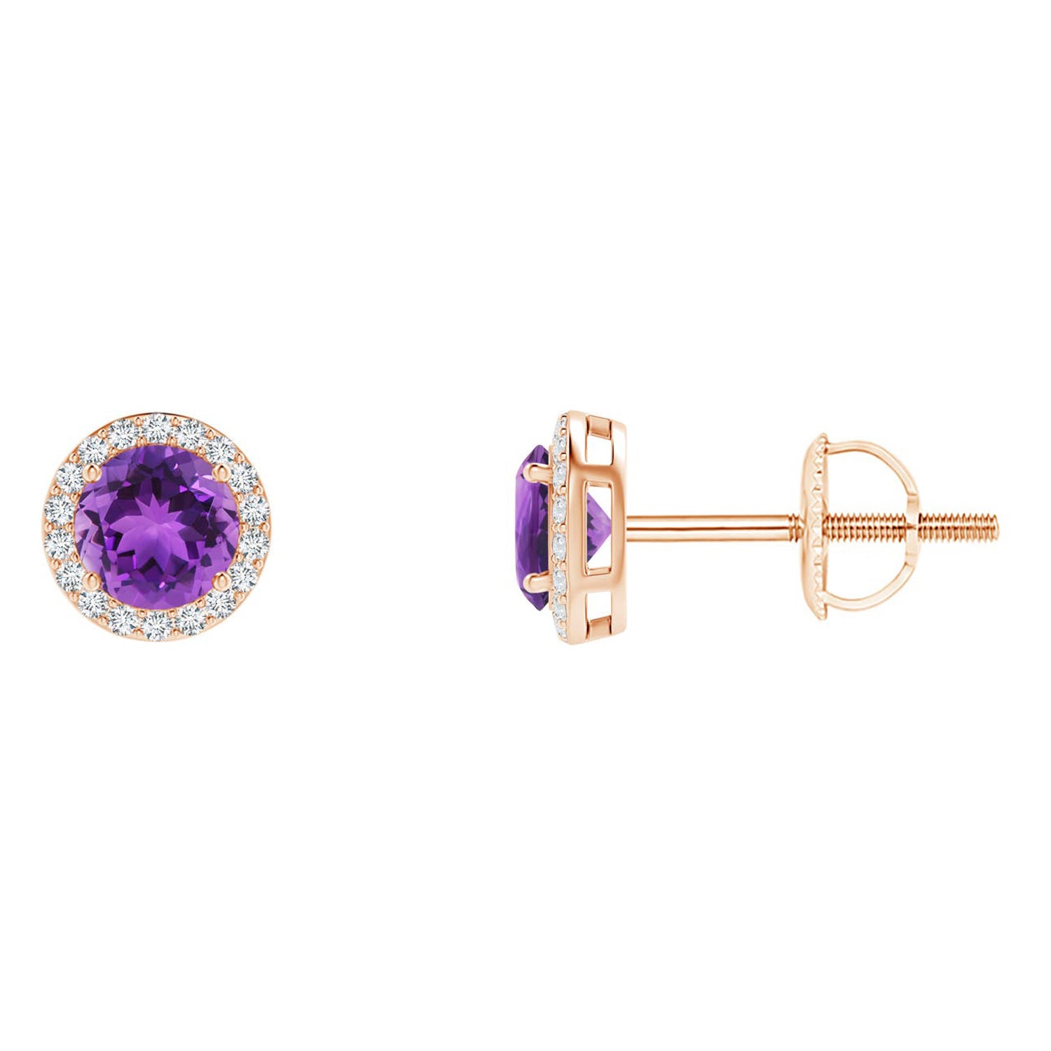 Pendientes de oro rosa de 14 quilates con aureola de amatista natural vintage redonda de 0,50 ct
