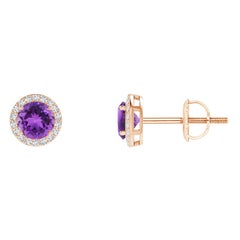 Pendientes de oro rosa de 14 quilates con aureola de amatista natural vintage redonda de 0,50 ct