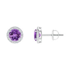 Natural Vintage Round 0.90ct Amethyst Halo Stud Earrings in 14K White Gold