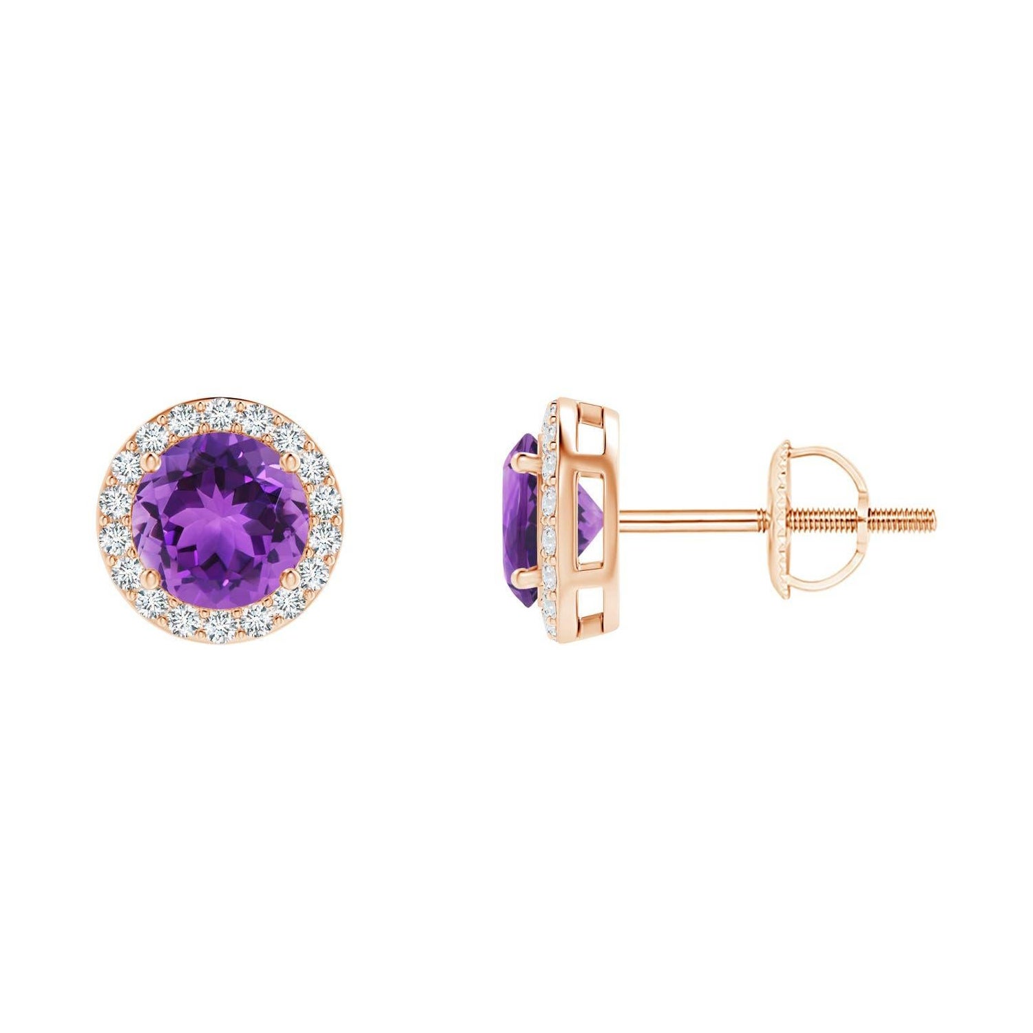 Natural Vintage Round 0.90ct Amethyst Halo Stud Earrings in 14K Rose Gold For Sale