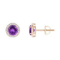 Natural Vintage Round 0.90ct Amethyst Halo Stud Earrings in 14K Rose Gold