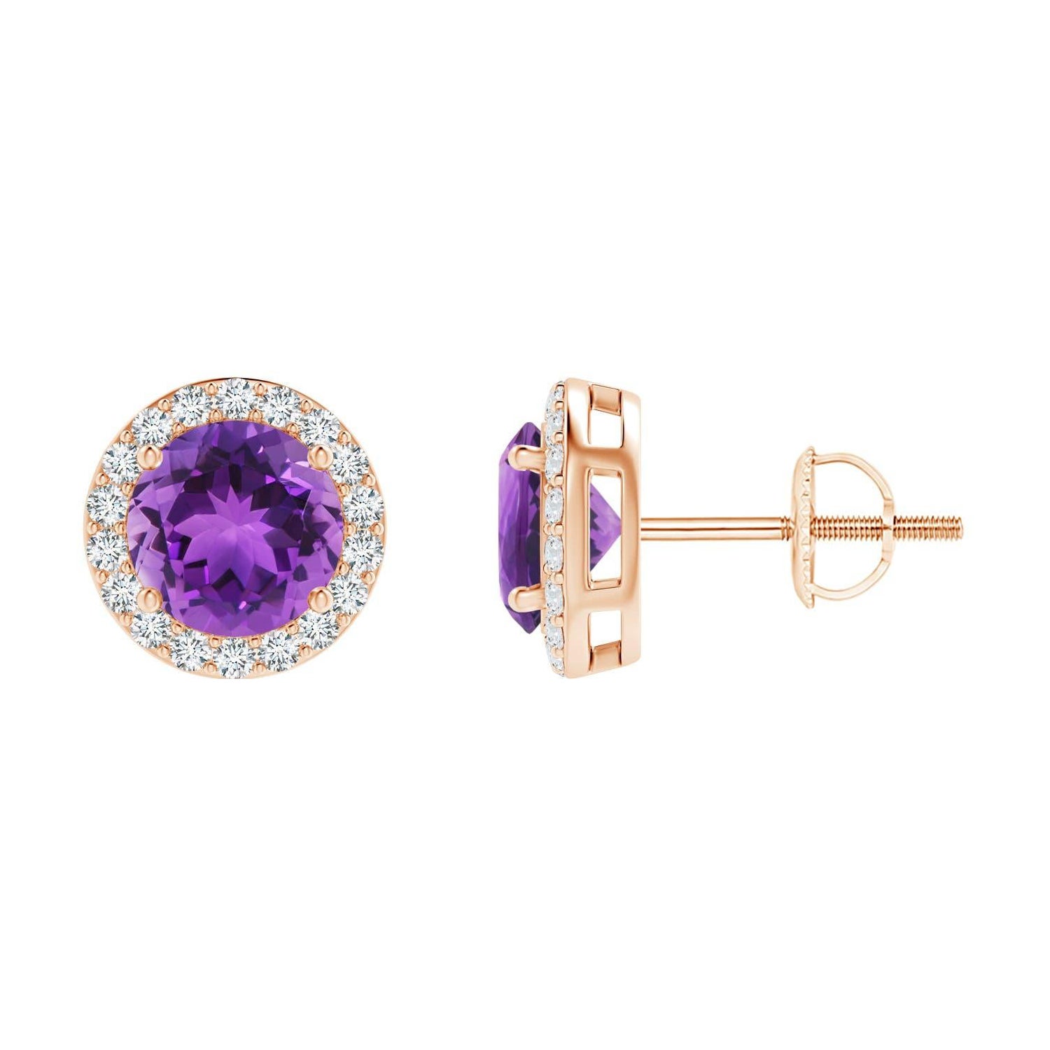 Natural Vintage Round 1.6ct Amethyst Halo Stud Earrings in 14K Rose Gold