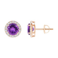 Natürliche natürliche Vintage Runde 1,6 Karat Amethyst-Halo-Ohrstecker aus 14K Roségold