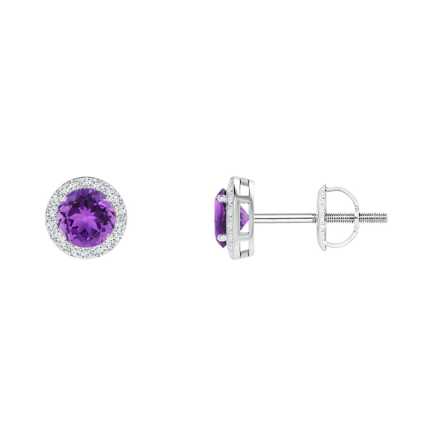 Natural Vintage Round 0.50ct Amethyst Halo Stud Earrings in 14K White Gold For Sale