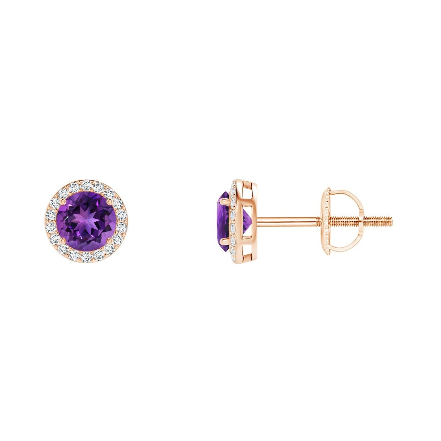 Natural Vintage Round 0.50ct Amethyst Halo Stud Earrings in 14K Rose Gold
