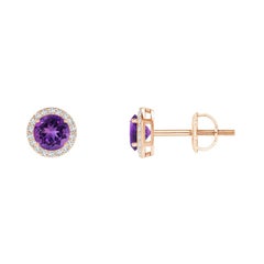 Natürliche Vintage Runde 0,50 Karat Amethyst-Halo-Ohrstecker aus 14 Karat Roségold