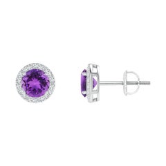 Natural Vintage Round 0.90ct Amethyst Halo Stud Earrings in 14K White Gold