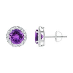 Natürliche natürliche Vintage Runde 1,6 Karat Amethyst-Halo-Ohrstecker aus 14K Weißgold