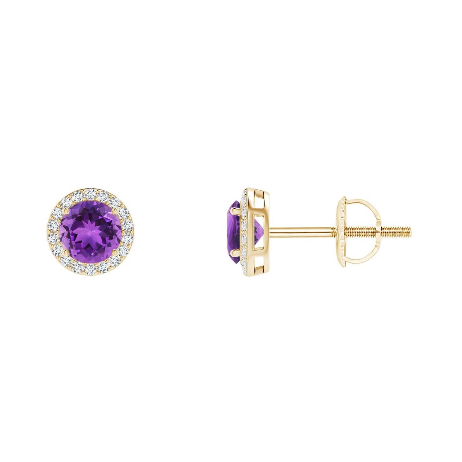 Natural Vintage Round 0.50ct Amethyst Halo Stud Earrings in 14K Yellow Gold