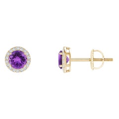 Pendientes de oro amarillo de 14 quilates con aureola de amatista natural vintage redonda de 0,50 ct