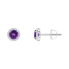 Natural Vintage Round 0.50ct Amethyst Halo Stud Earrings in 14K White Gold