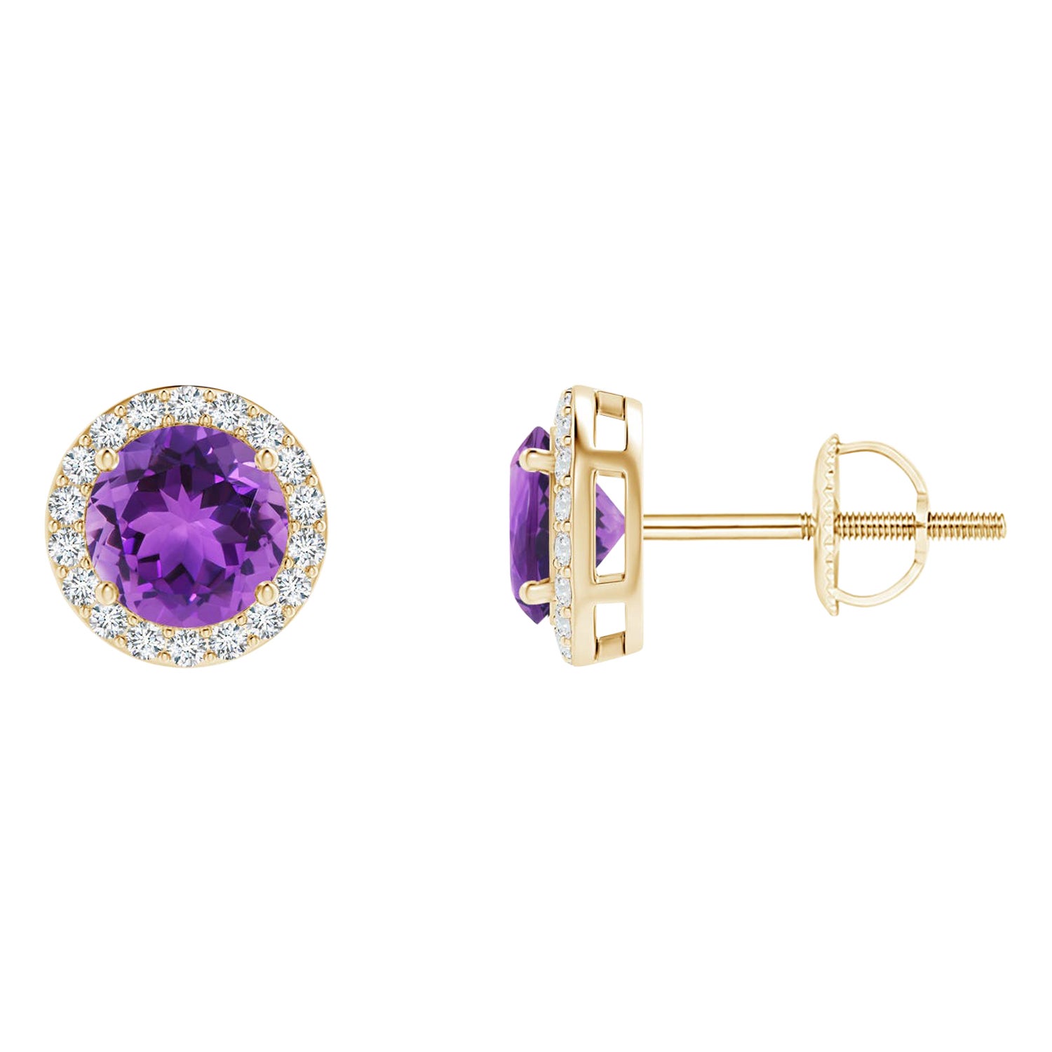 Natural Vintage Round 0.90ct Amethyst Halo Stud Earrings in 14K Yellow Gold For Sale
