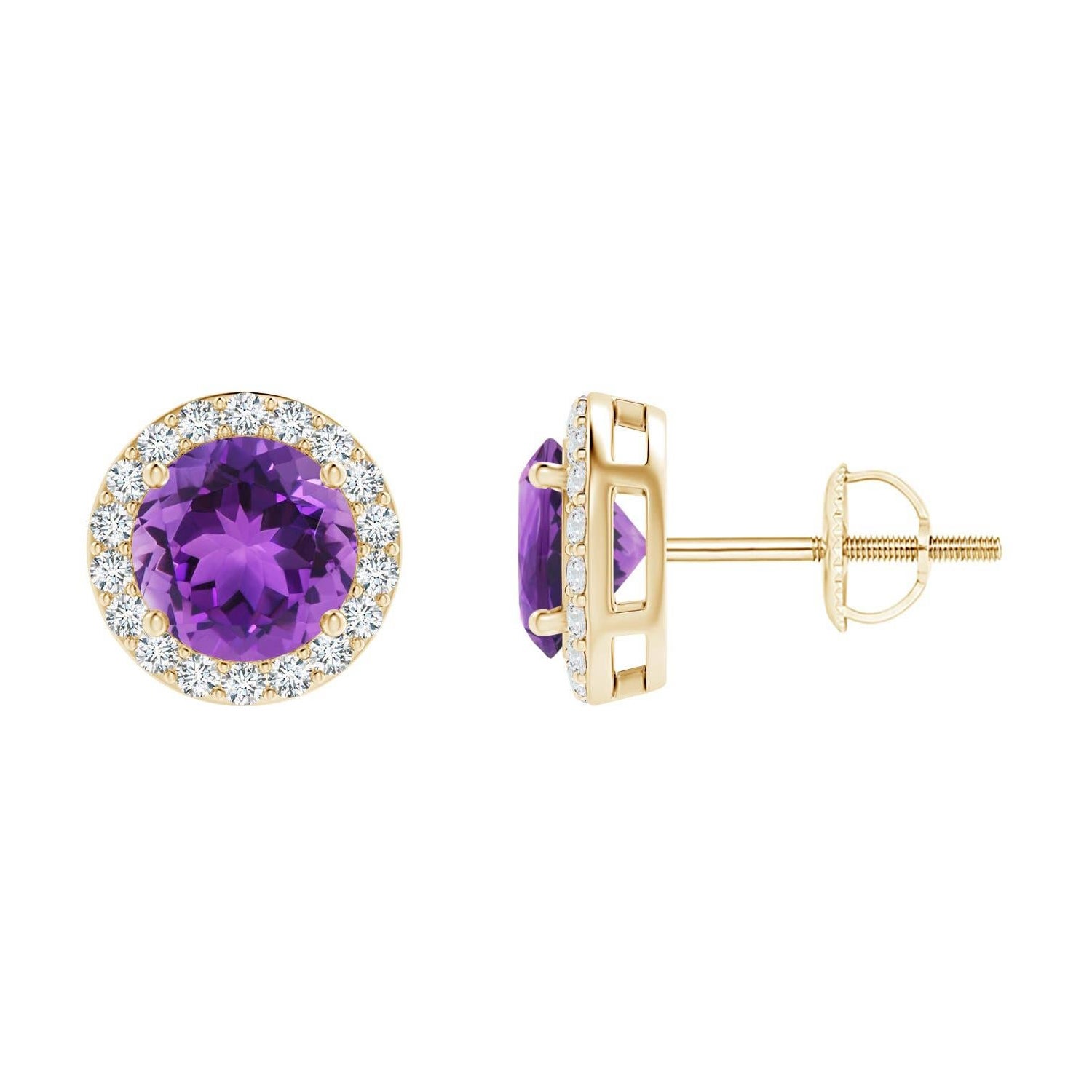 Natural Vintage Round 1.6ct Amethyst Halo Stud Earrings in 14K Yellow Gold For Sale