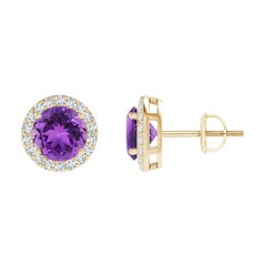 Natural Vintage Round 1.6ct Amethyst Halo Stud Earrings in 14K Yellow Gold