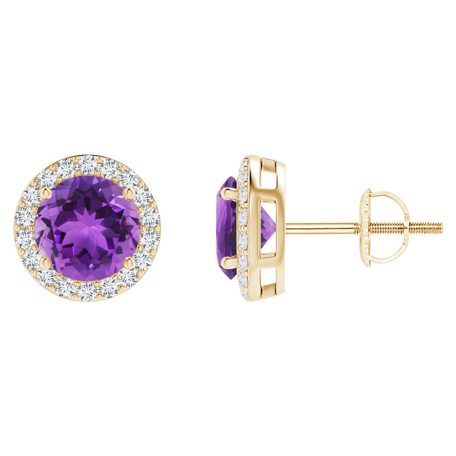 Natural Vintage Round 1.6ct Amethyst Halo Stud Earrings in 14K Yellow Gold For Sale
