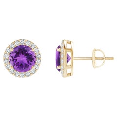Natürliche natürliche Vintage Runde 1,6 Karat Amethyst-Halo-Ohrstecker aus 14K Gelbgold