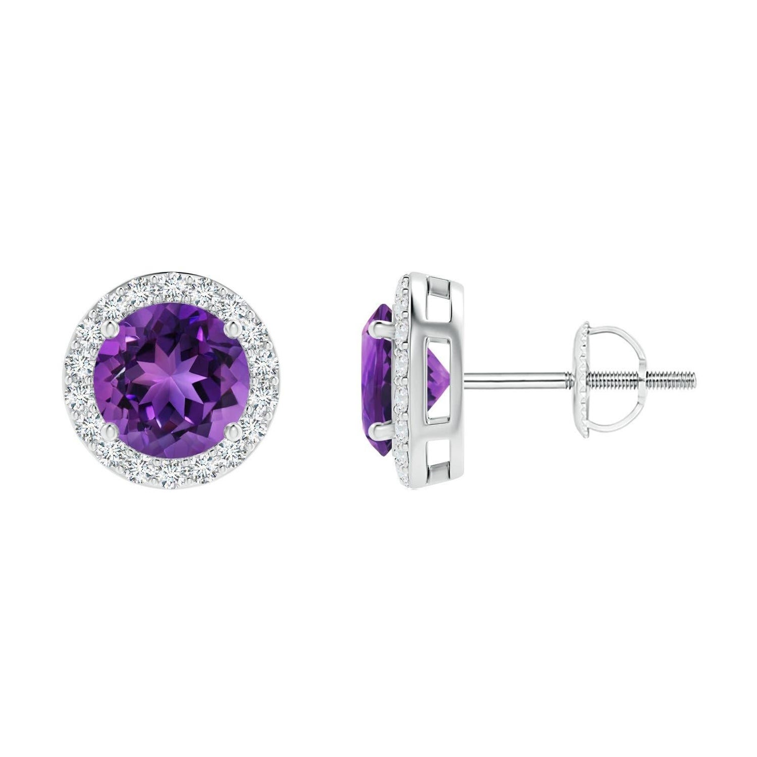 Natural Vintage Round 1.6ct Amethyst Halo Stud Earrings in 14K White Gold