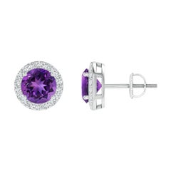 Natürliche natürliche Vintage Runde 1,6 Karat Amethyst-Halo-Ohrstecker aus 14K Weißgold