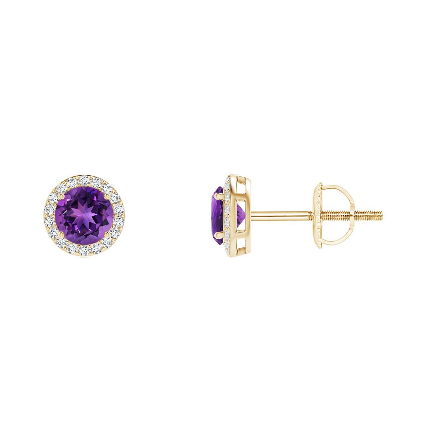 Natural Vintage Round 0.50ct Amethyst Halo Stud Earrings in 14K Yellow Gold
