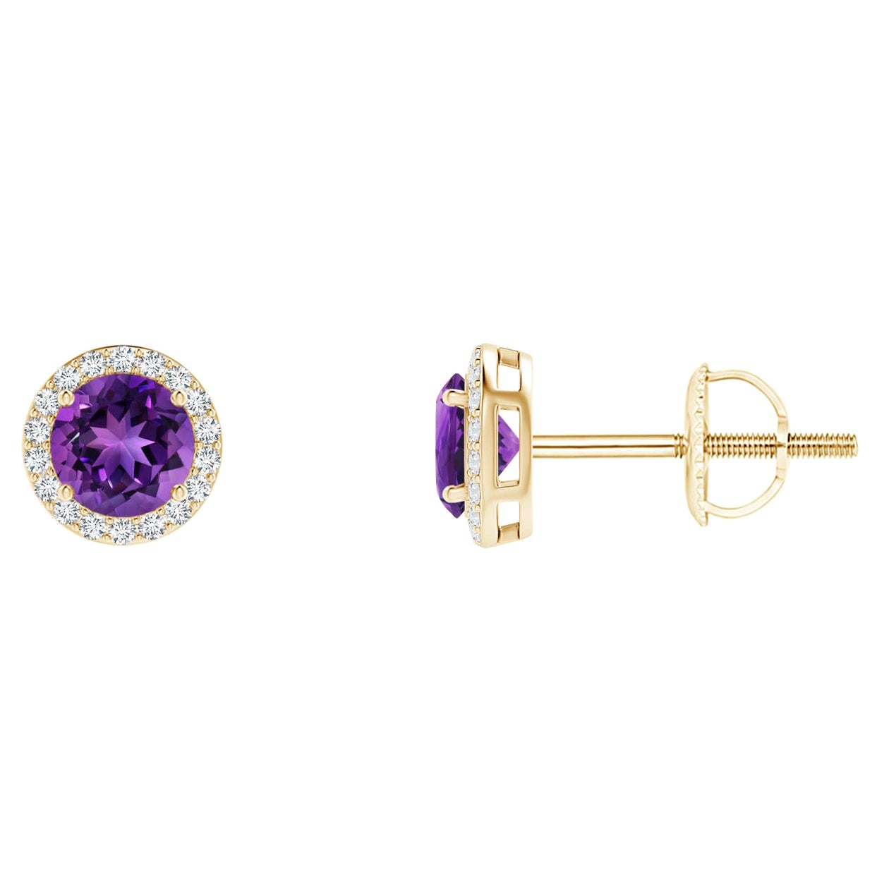 Pendientes de oro amarillo de 14 quilates con aureola de amatista natural vintage redonda de 0,50 ct