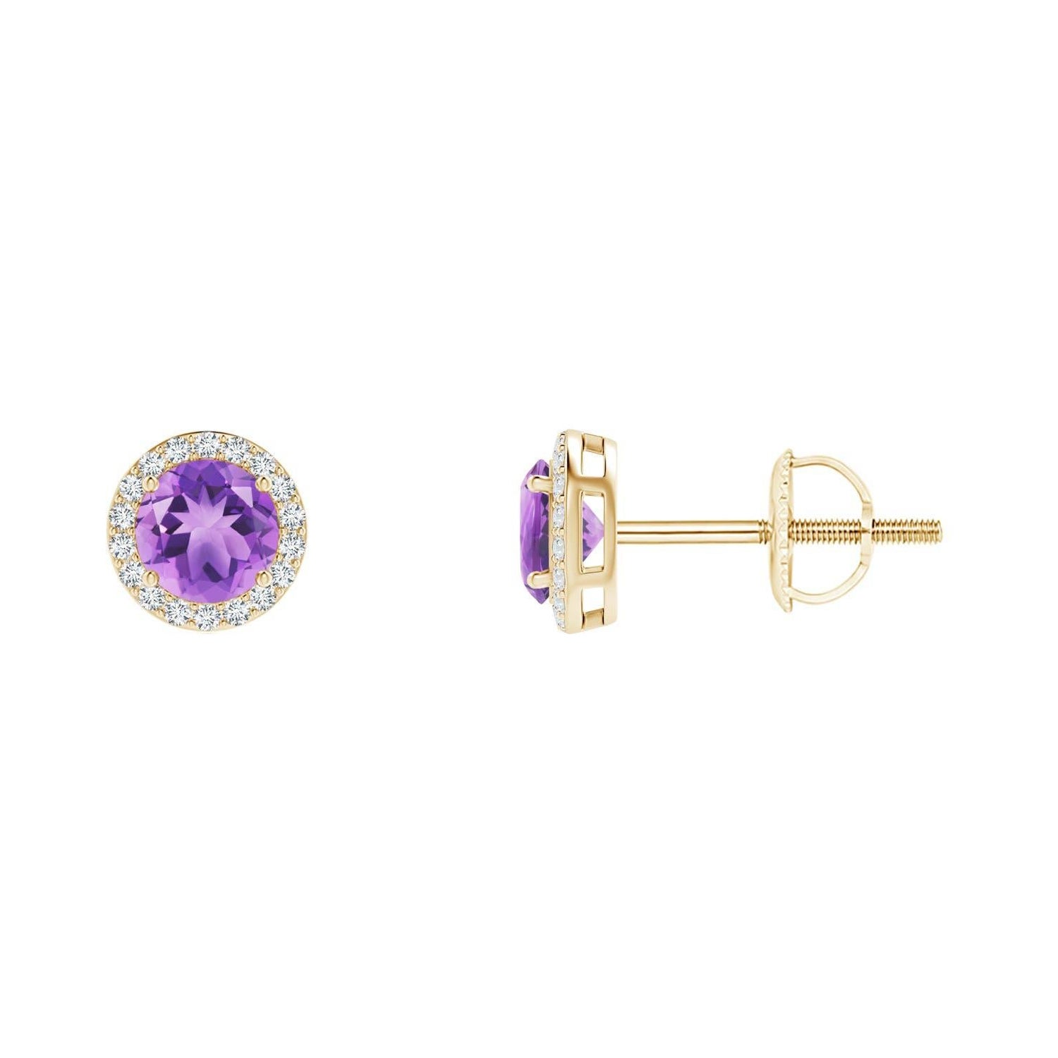 Natural Vintage Round 0.50ct Amethyst Halo Stud Earrings in 14K Yellow Gold For Sale