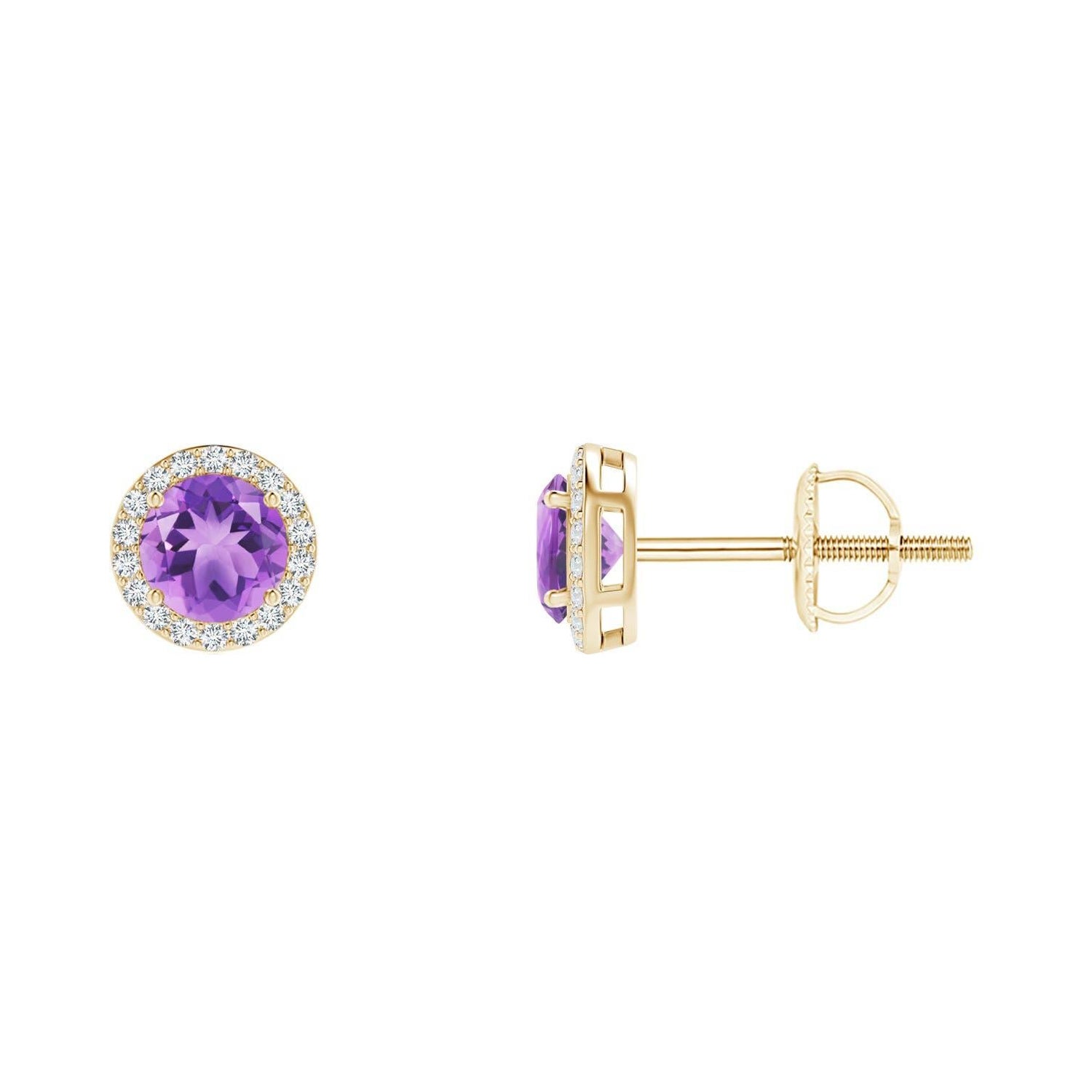 Natural Vintage Round 0.50ct Amethyst Halo Stud Earrings in 14K Yellow Gold