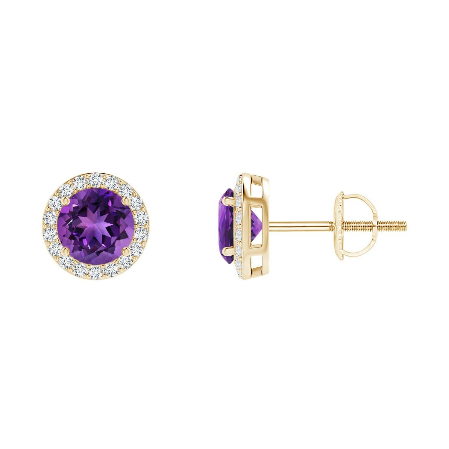 Natural Vintage Round 0.90ct Amethyst Halo Stud Earrings in 14K Yellow Gold For Sale