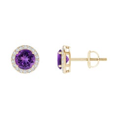 Natural Vintage Round 0.90ct Amethyst Halo Stud Earrings in 14K Yellow Gold