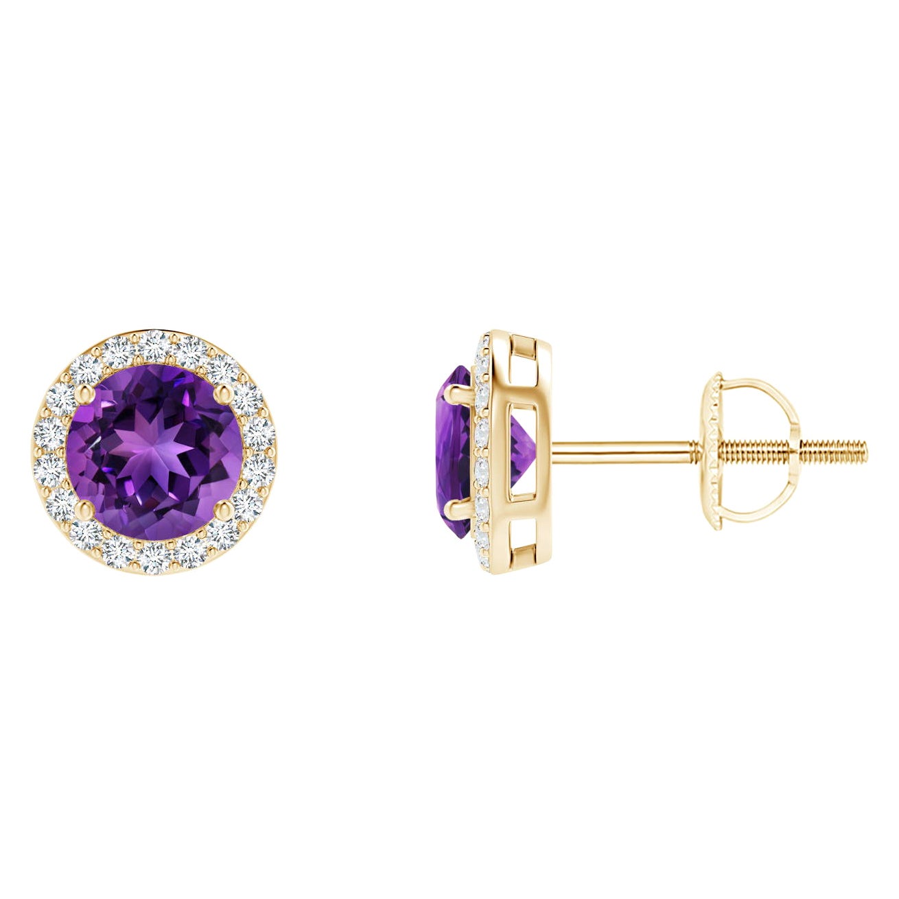 Natural Vintage Round 0.90ct Amethyst Halo Stud Earrings in 14K Yellow Gold
