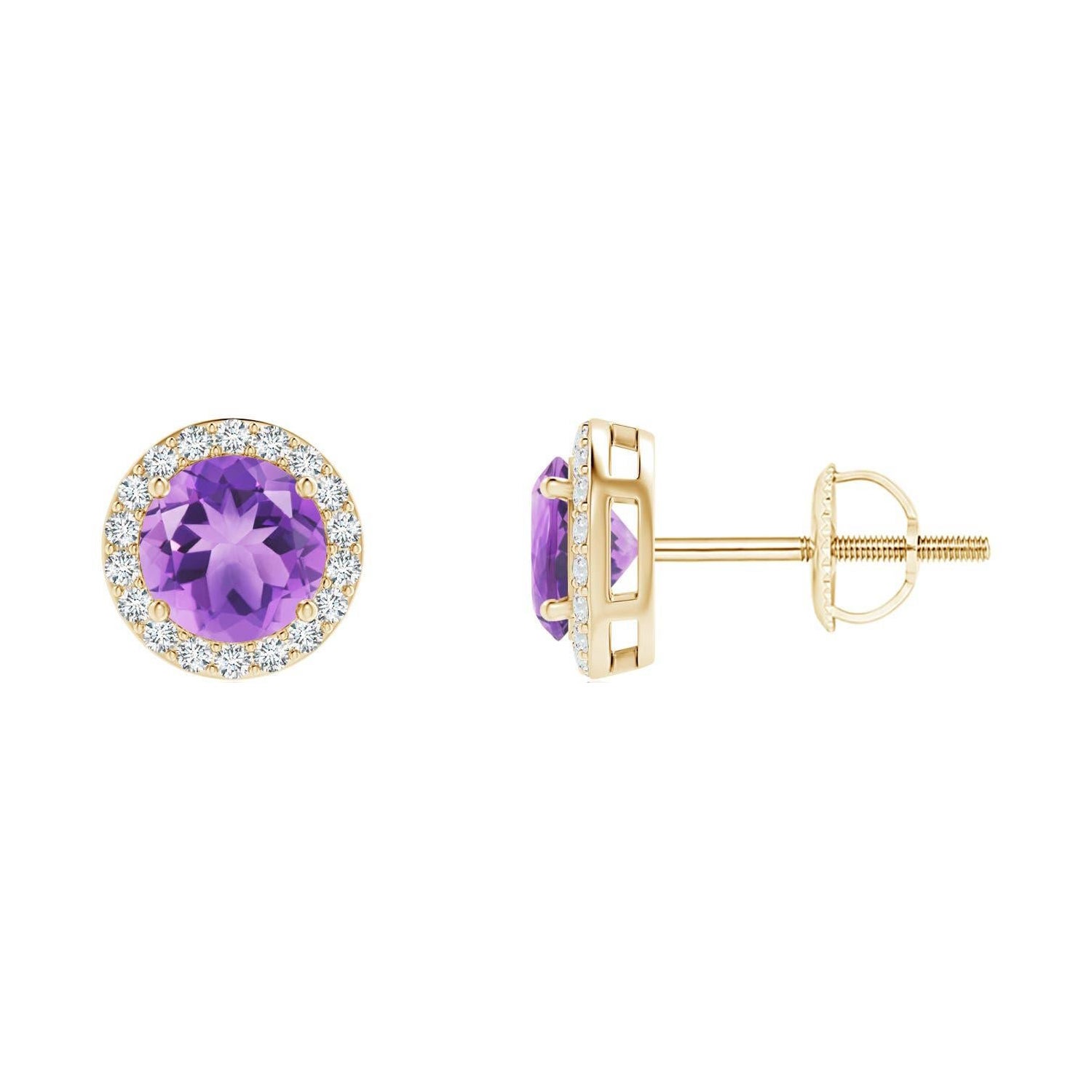 Natural Vintage Round 0.90ct Amethyst Halo Stud Earrings in 14K Yellow Gold For Sale
