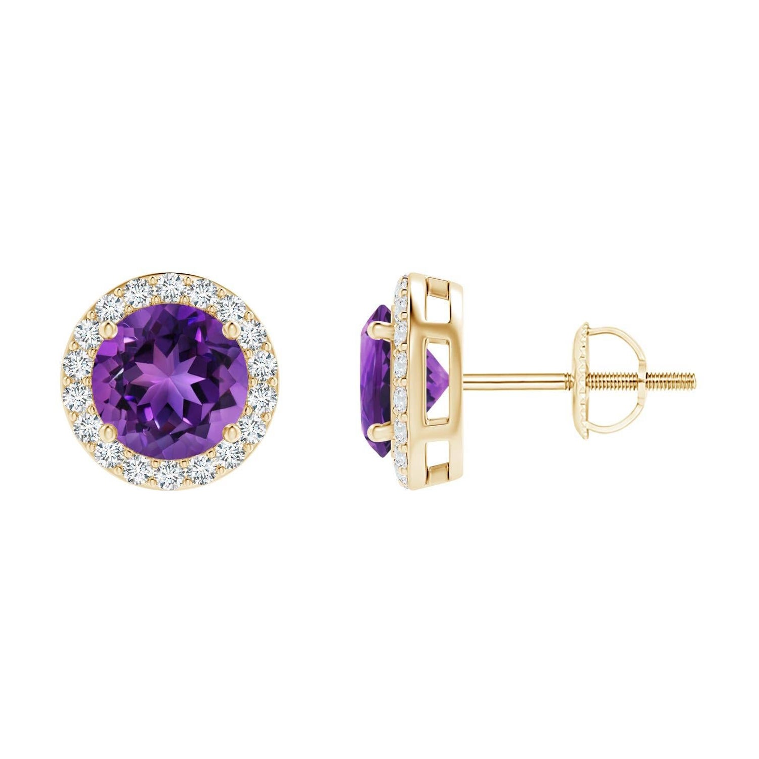 Natural Vintage Round 1.6ct Amethyst Halo Stud Earrings in 14K Yellow Gold For Sale