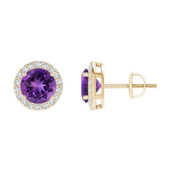Natural Vintage Round 1.6ct Amethyst Halo Stud Earrings in 14K Yellow Gold