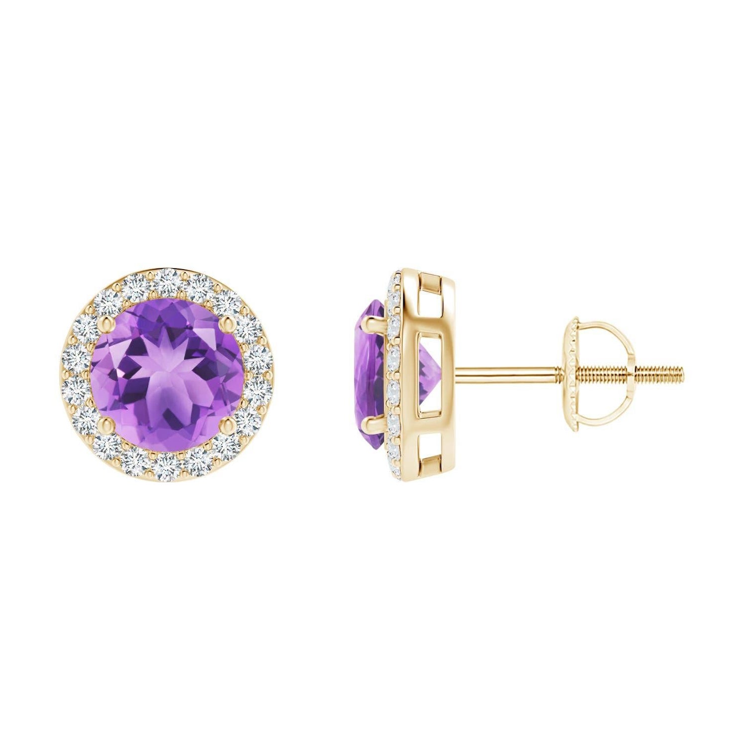 Natural Vintage Round 1.6ct Amethyst Halo Stud Earrings in 14K Yellow Gold For Sale