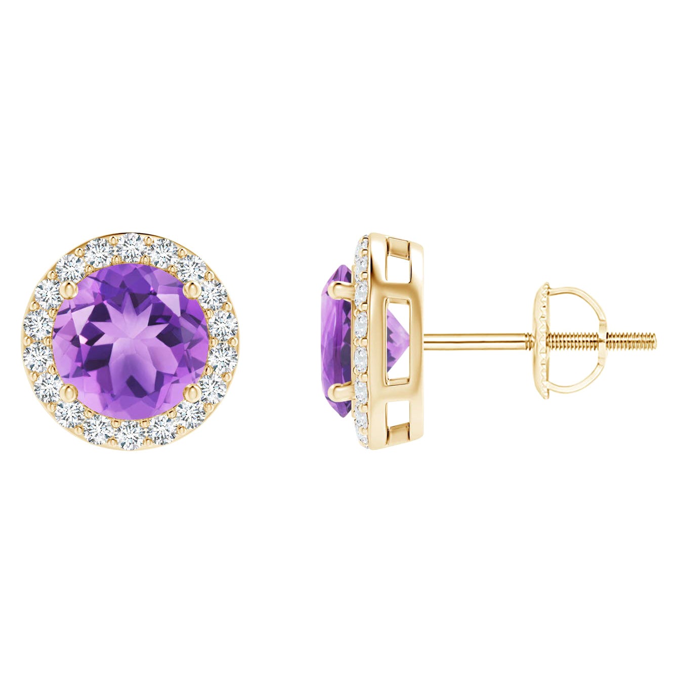 Natural Vintage Round 1.6ct Amethyst Halo Stud Earrings in 14K Yellow Gold