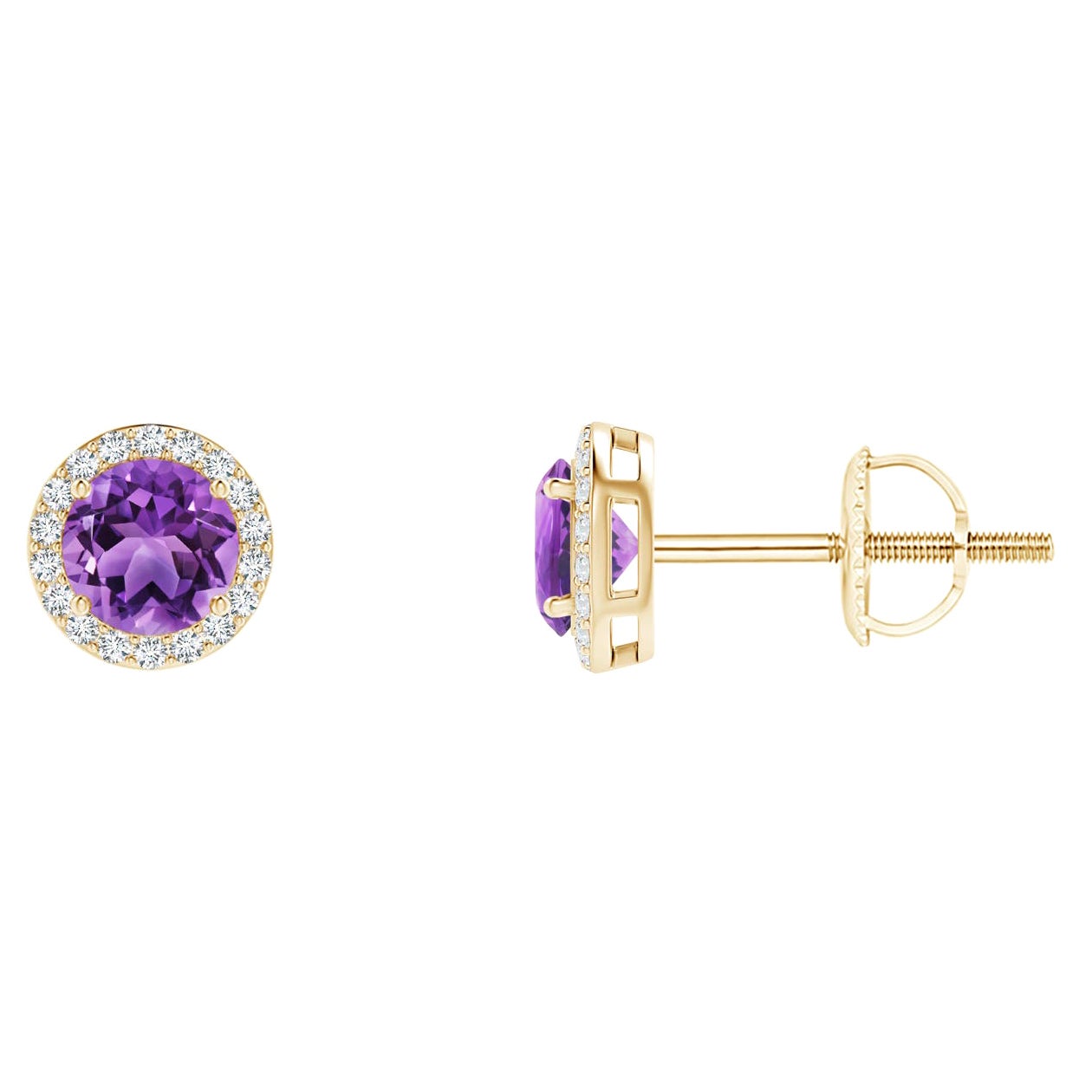 Pendientes de oro amarillo de 14 quilates con aureola de amatista natural vintage redonda de 0,50 ct