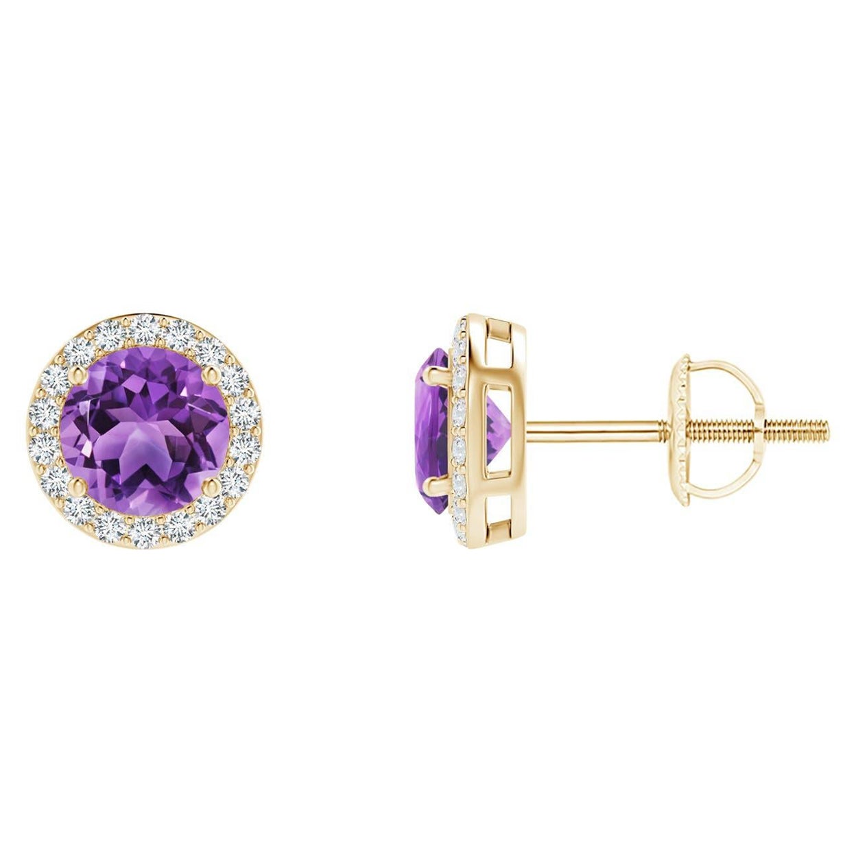 Natürliche Vintage Runde 0,90 Karat Amethyst-Halo-Ohrstecker aus 14 Karat Gelbgold