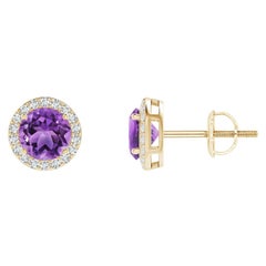 Natural Vintage Round 0.90ct Amethyst Halo Stud Earrings in 14K Yellow Gold