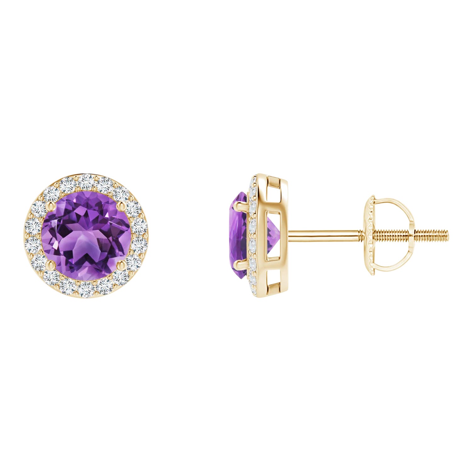 Natural Vintage Round 0.90ct Amethyst Halo Stud Earrings in 14K Yellow Gold