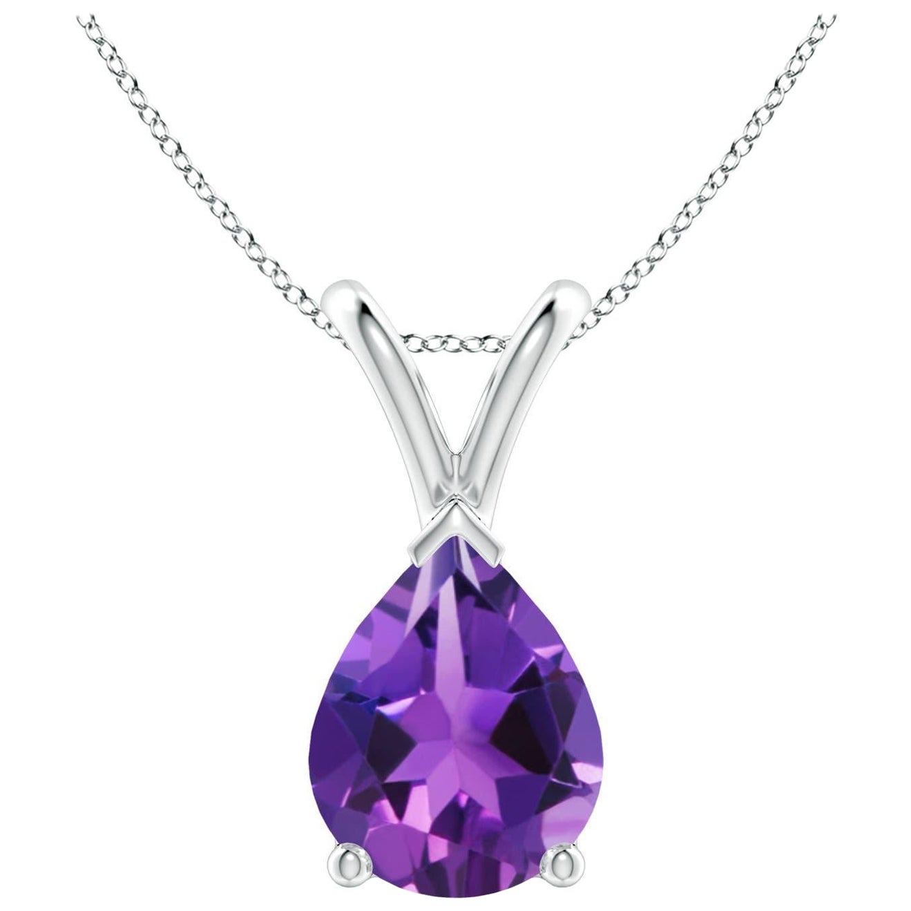 Natural Pear-Shaped 1.5ct Amethyst Solitaire Pendant in 14K White Gold For Sale