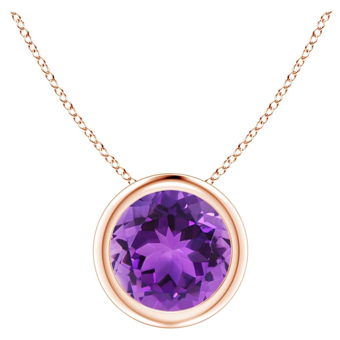 Natural Bezel-Set Round 1.15ct Amethyst Solitaire Pendant in 14K Rose Gold For Sale