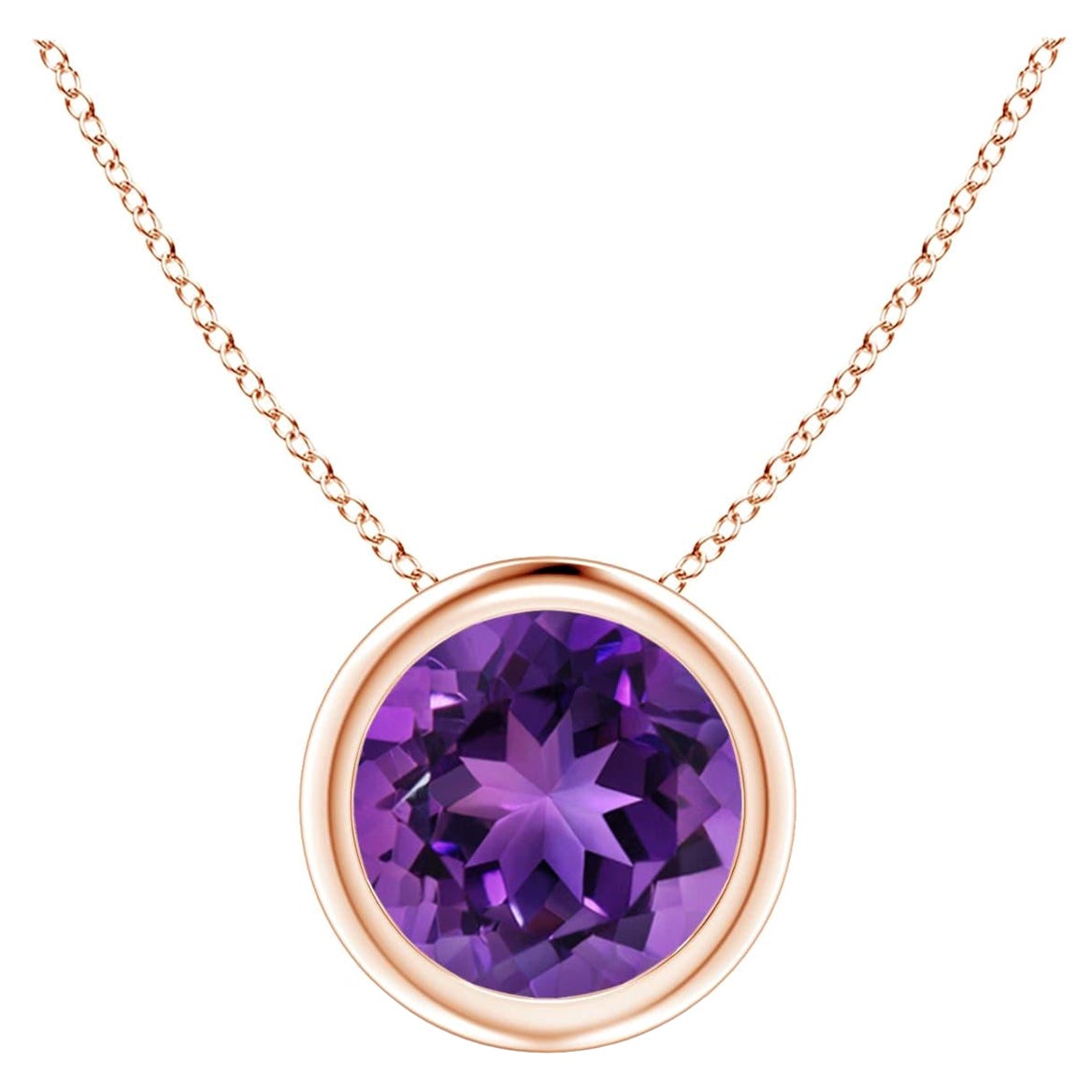 Natural Bezel-Set Round 1.15ct Amethyst Solitaire Pendant in 14K Rose Gold For Sale