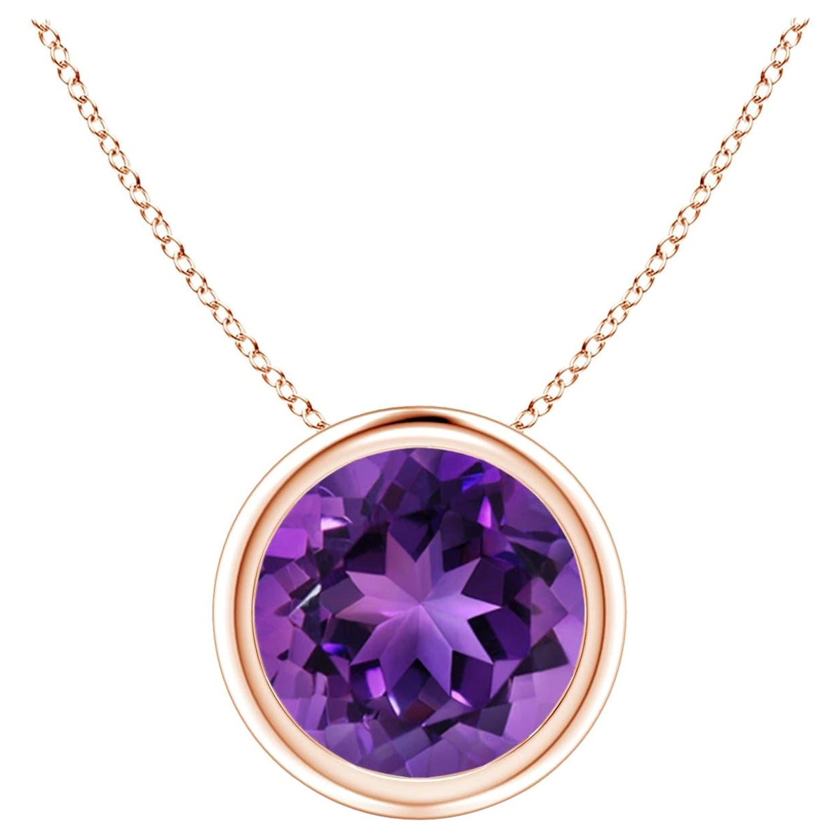 Natural Bezel-Set Round 1.7ct Amethyst Solitaire Pendant in 14K Rose Gold For Sale