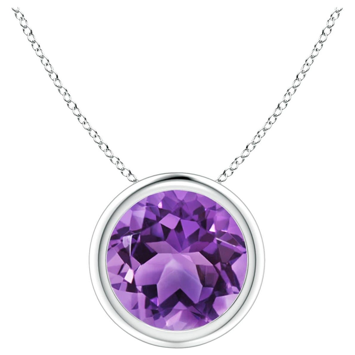 Natural Bezel-Set Round 1.7ct Amethyst Solitaire Pendant in 14K White Gold For Sale