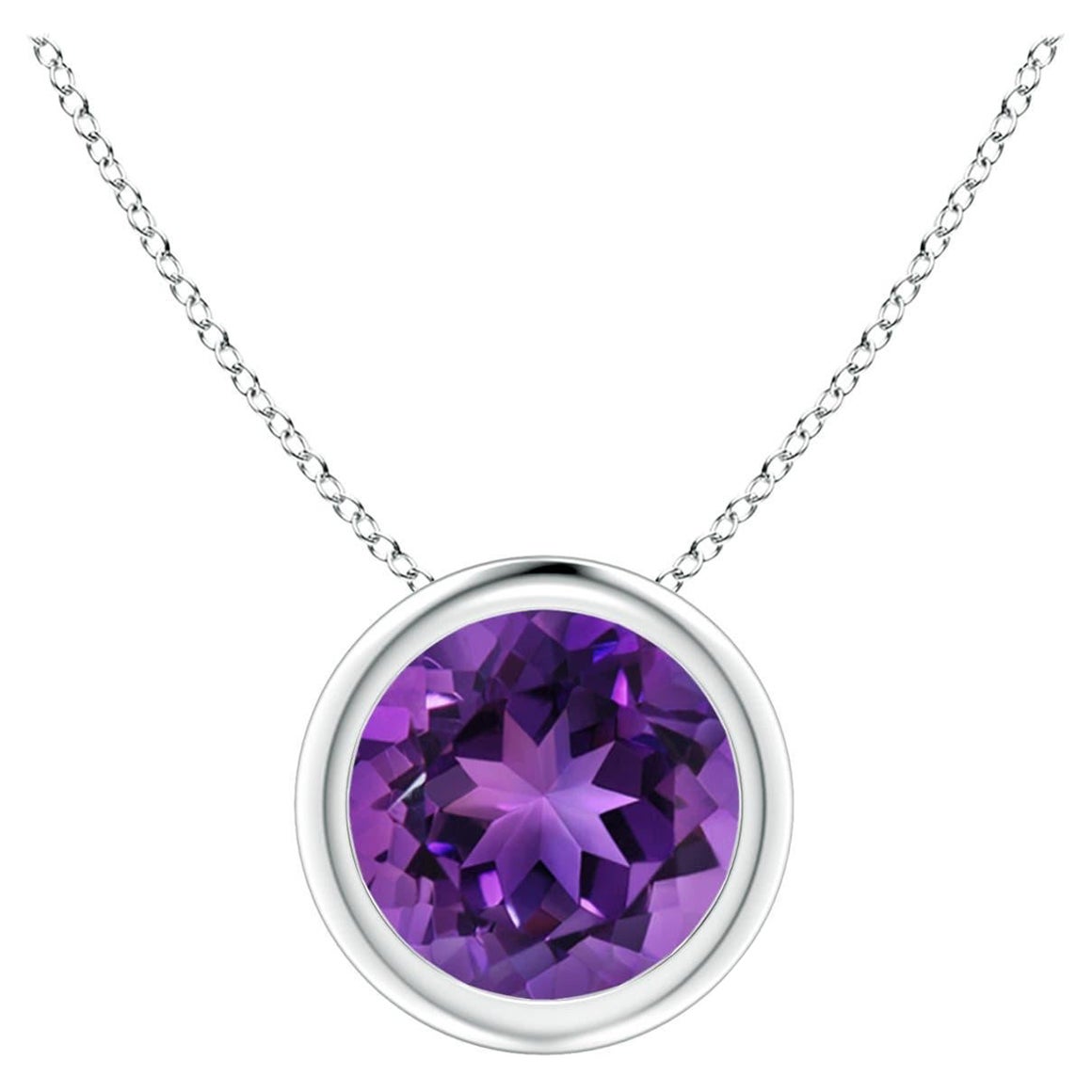 Natural Bezel-Set Round 1.15ct Amethyst Solitaire Pendant in 14K White Gold For Sale