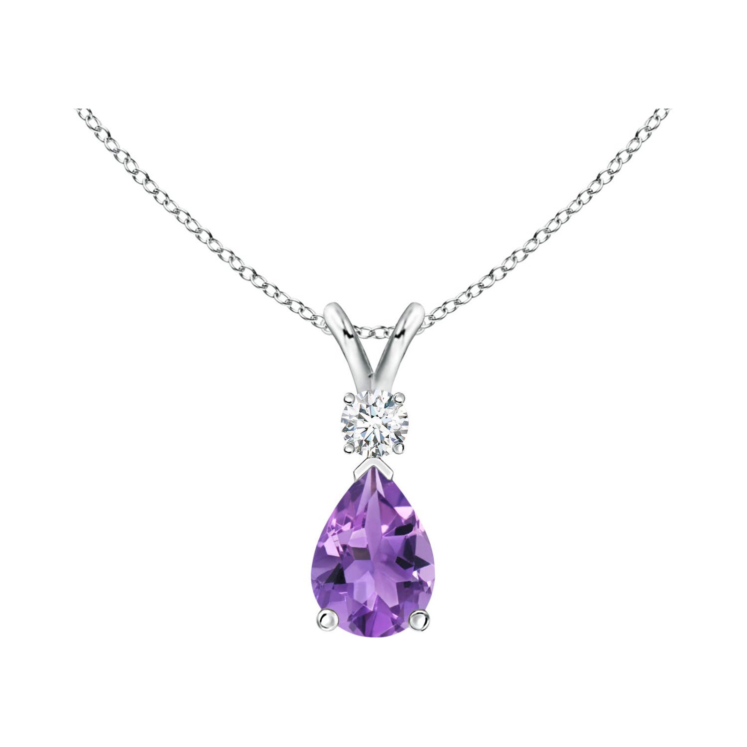 Pendentif en platine avec améthyste naturelle en forme de goutte d'eau de 0,60 carat et diamant