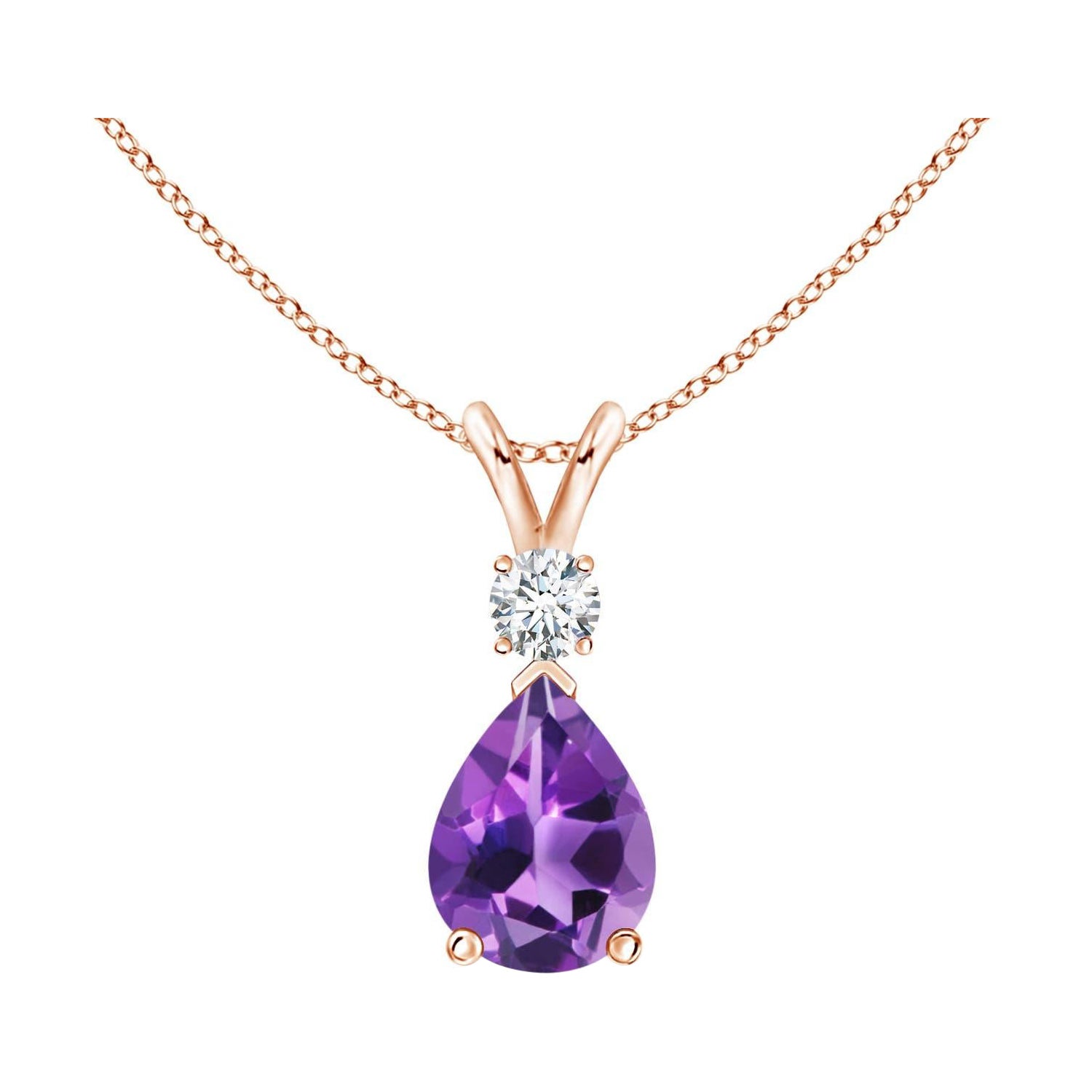 Natural 1 ct Amethyst Teardrop Pendant with Diamond in 14K Rose Gold For Sale