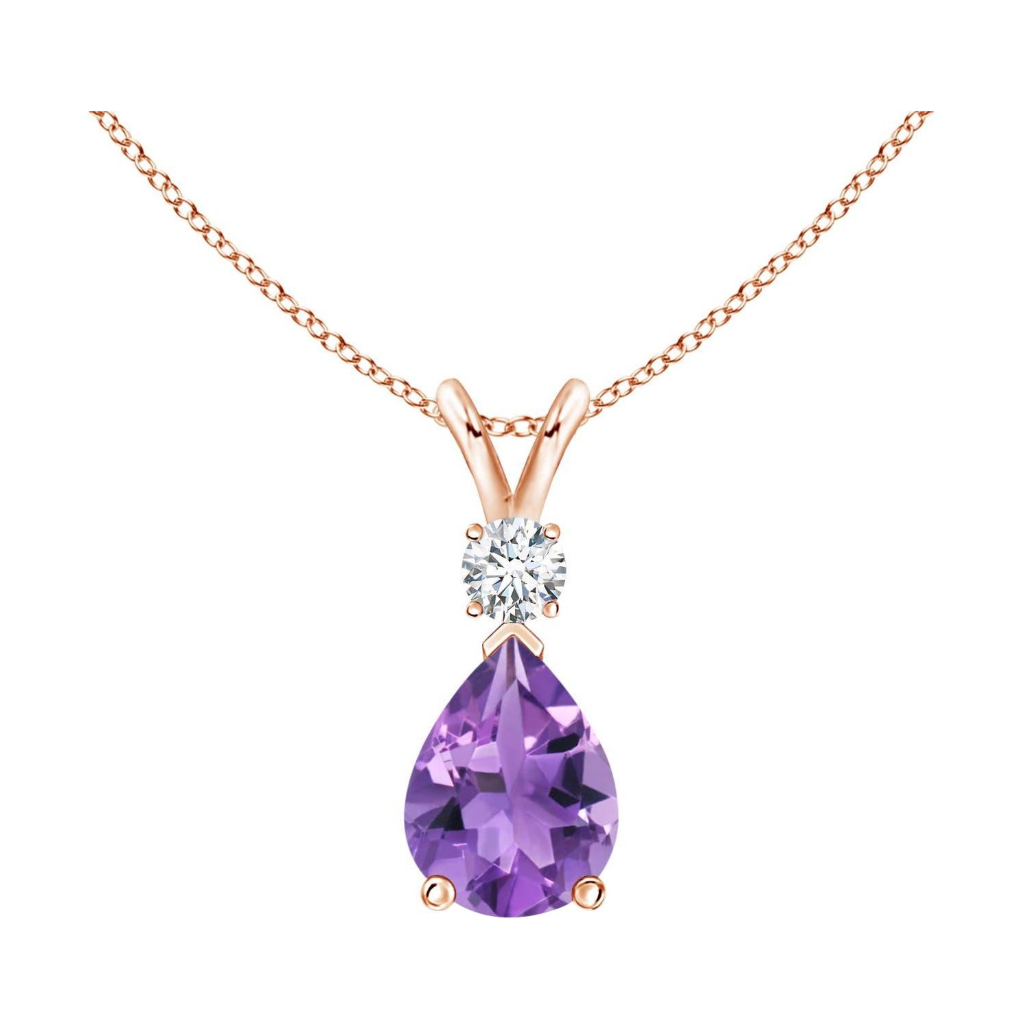 Natural 1 ct Amethyst Teardrop Pendant with Diamond in 14K Rose Gold For Sale